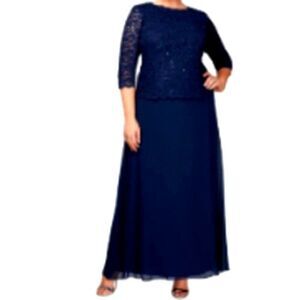 Alex Evenings Long Gown Size 20W Navy Blue w/ Sequin Lace Bodice & Chiffon Skirt